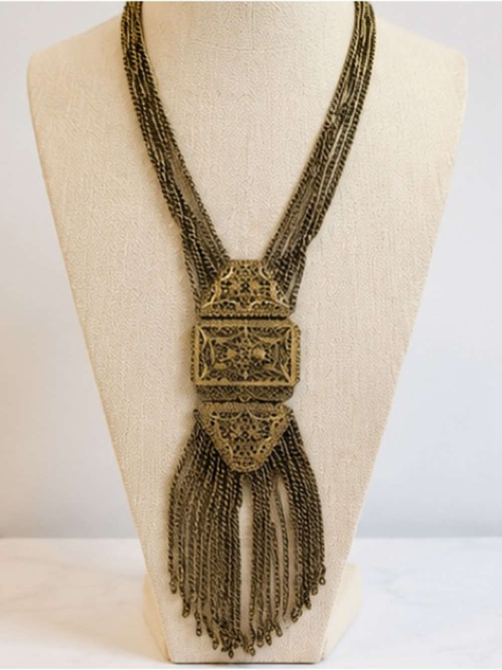 Chunky Boho Gold Tone Multi Strand Filigree Tassel Statement Necklace